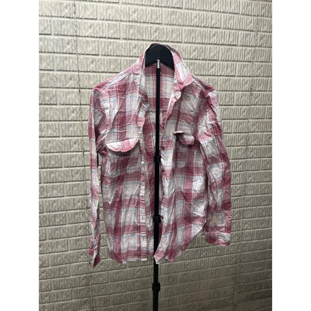 Womens Long Sleeve Plaid Button Up‎ Shirt Red White Blue